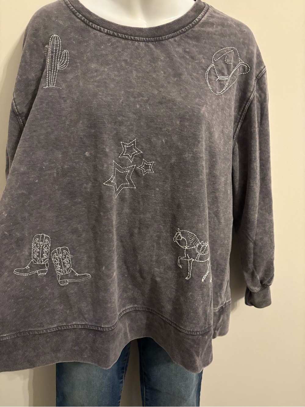 Jane and Delancey Washed Charcoal Embroidered Crew Sweatshirt